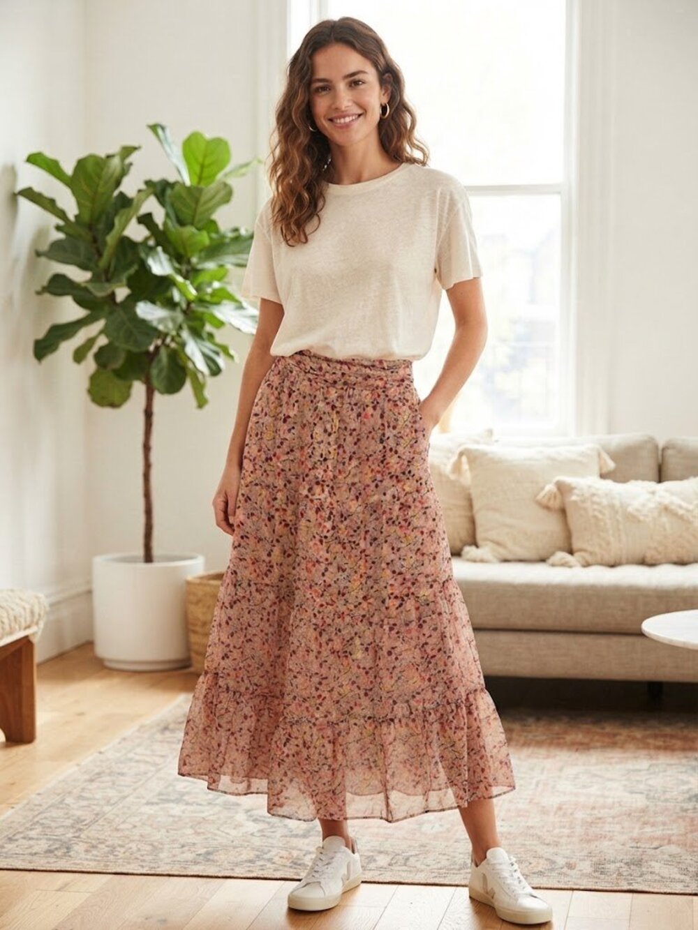 ba&sh Mauve Floral Tiered Midi/Maxi Skirt Size Small